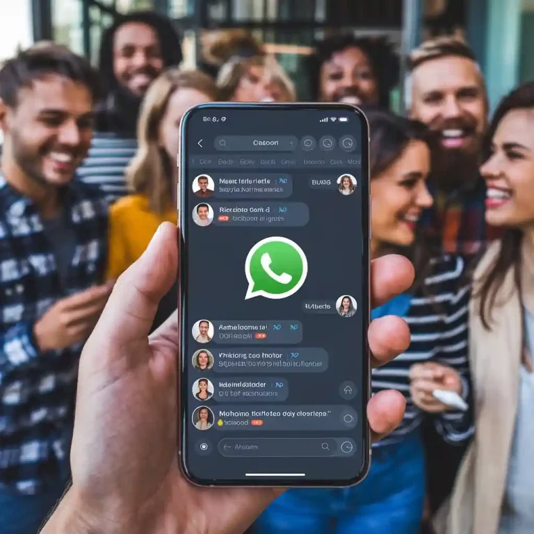 A smartphone displaying the WhatsApp app open on a group chat screen, with a diverse group of friends laughing and chatting together in the background, symbolizing connection and communication.