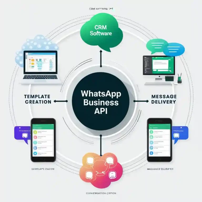 Diagram of WhatsApp API connecting CRM to send messages.
